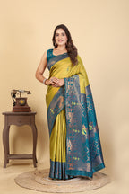 The Peacock Majesty Silk Saree in Chartreuse & Teal