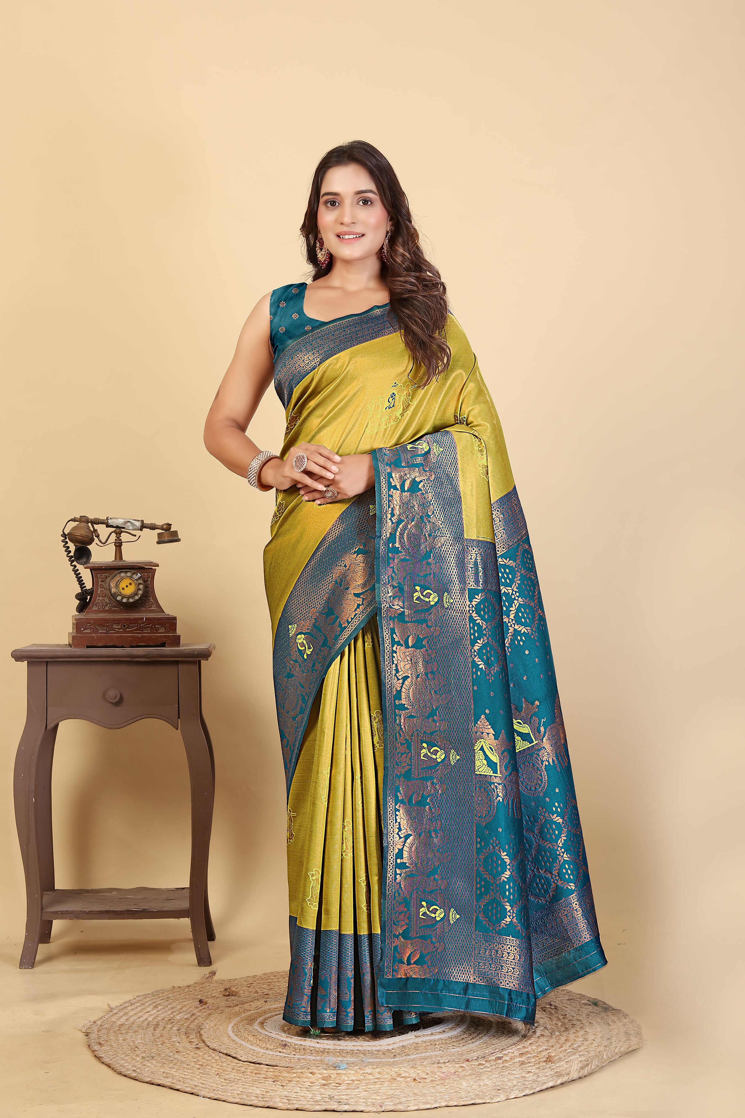 The Peacock Majesty Silk Saree in Chartreuse & Teal