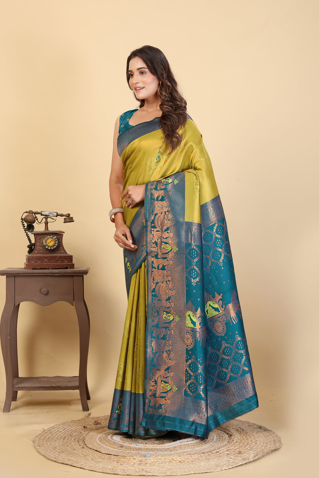 The Peacock Majesty Silk Saree in Chartreuse & Teal