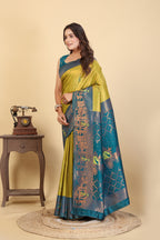 The Peacock Majesty Silk Saree in Chartreuse & Teal