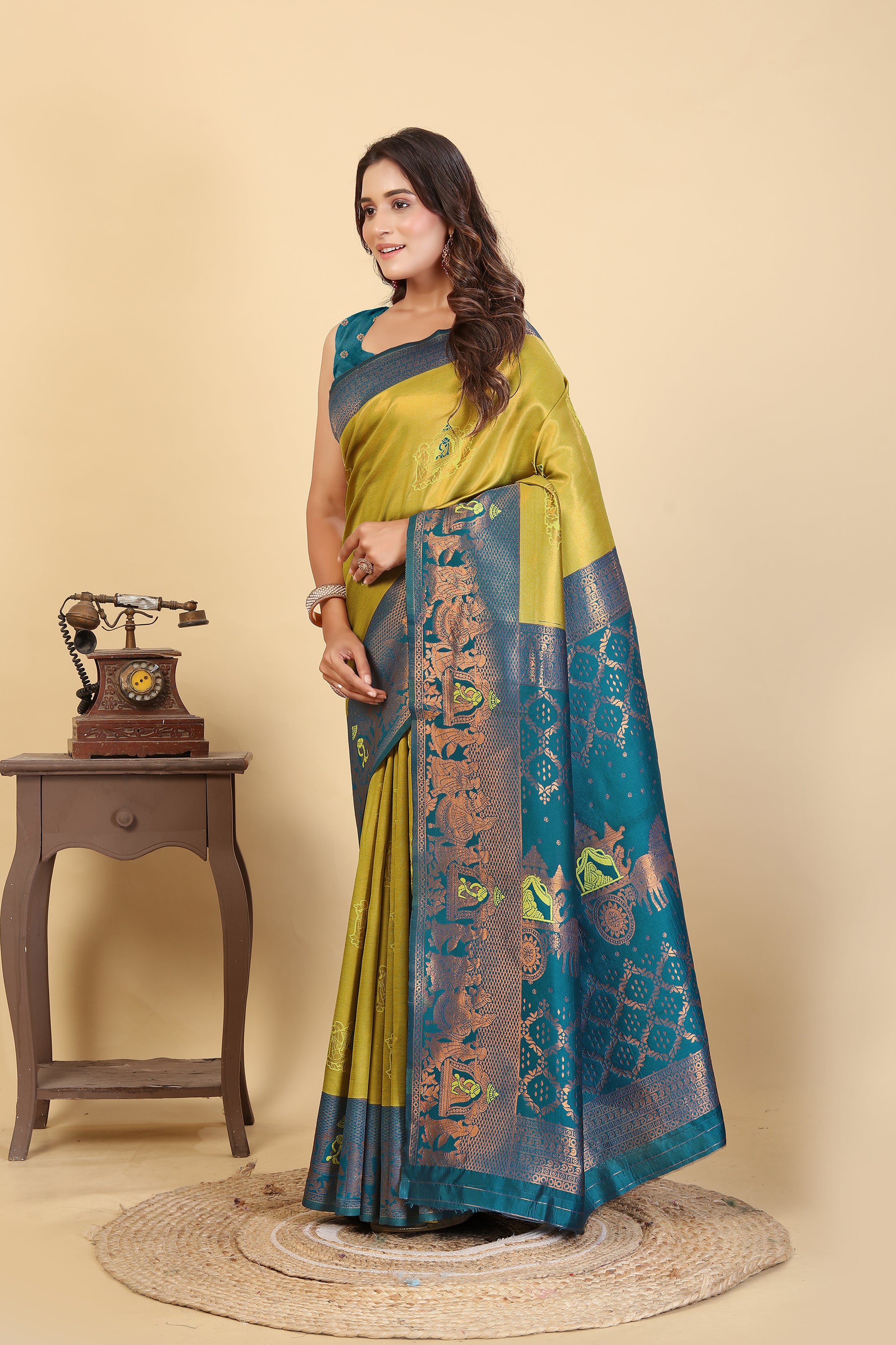The Peacock Majesty Silk Saree in Chartreuse & Teal