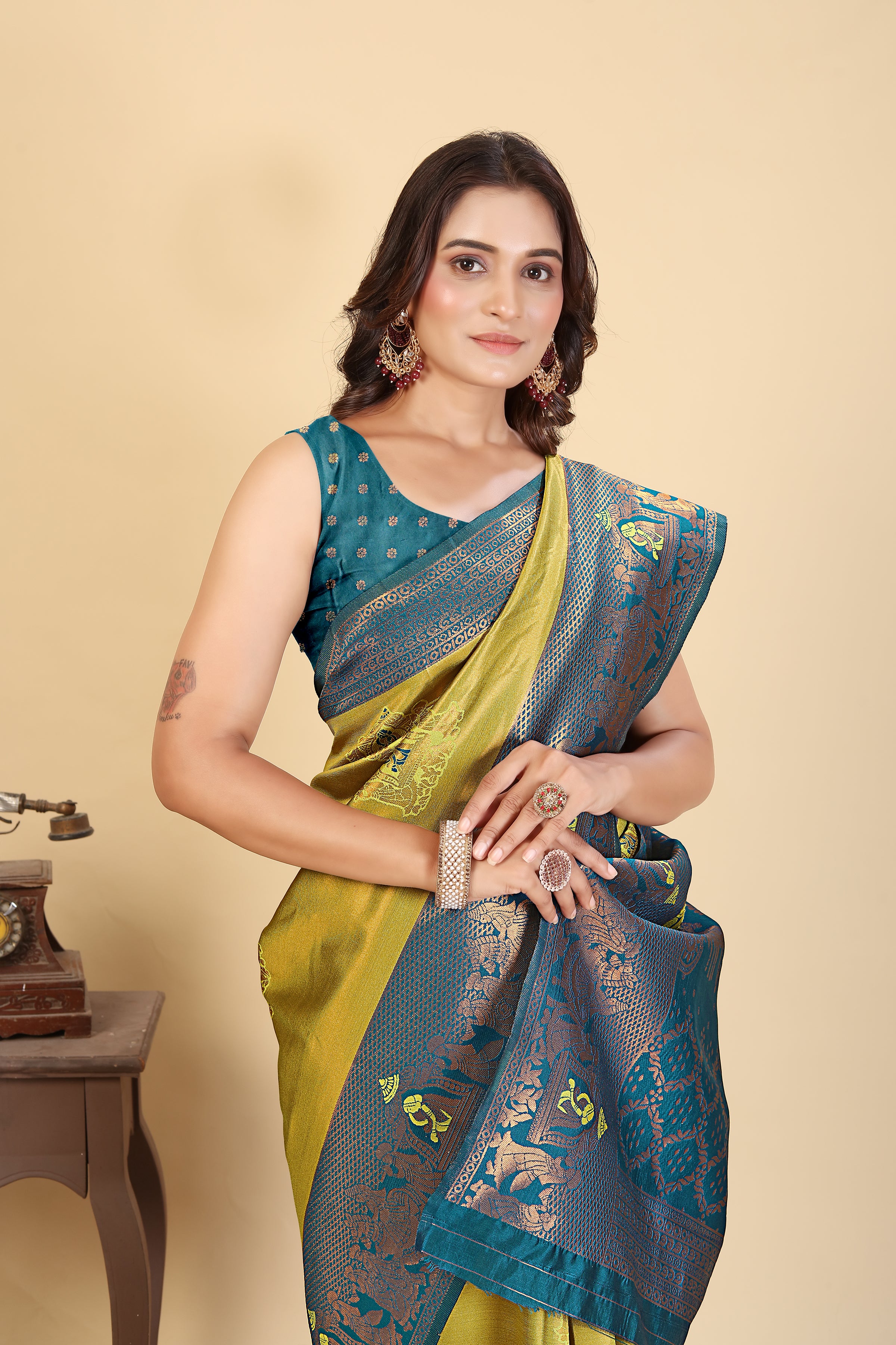 The Peacock Majesty Silk Saree in Chartreuse & Teal