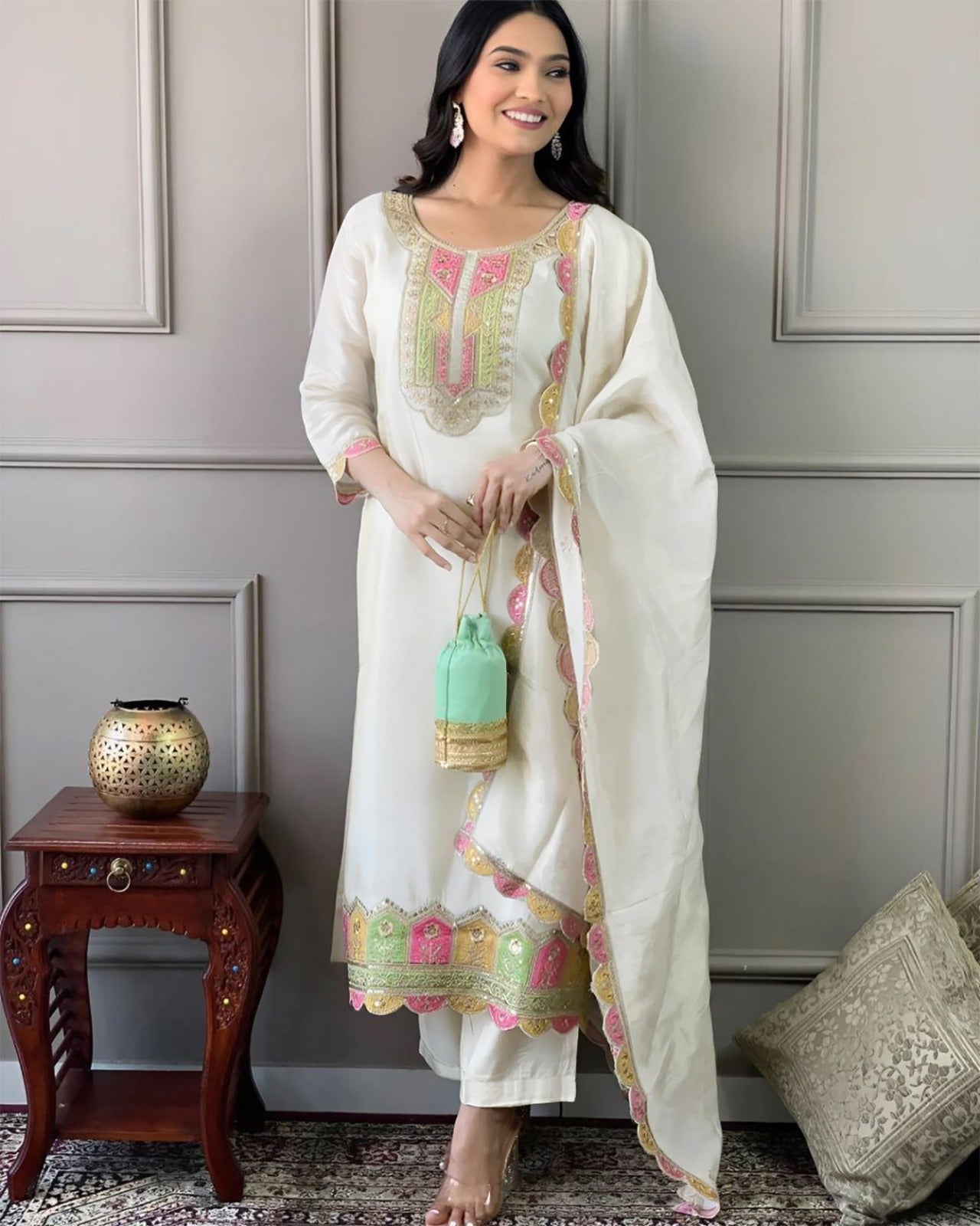 White Milano Woman Silk Kurta Pant Dupatta Set