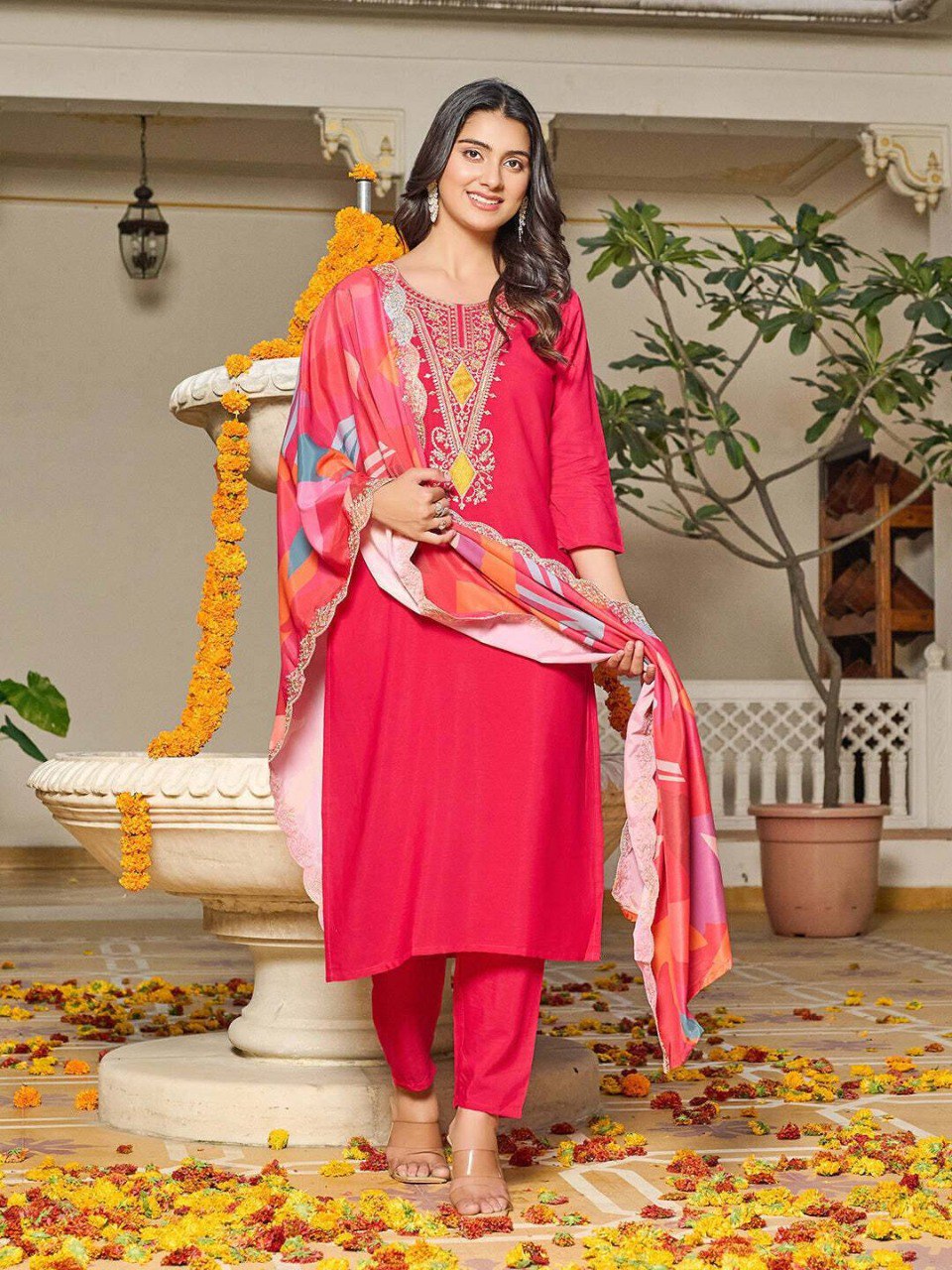 Blush Pink Embroidered Kurta Set with Vibrant Dupatta