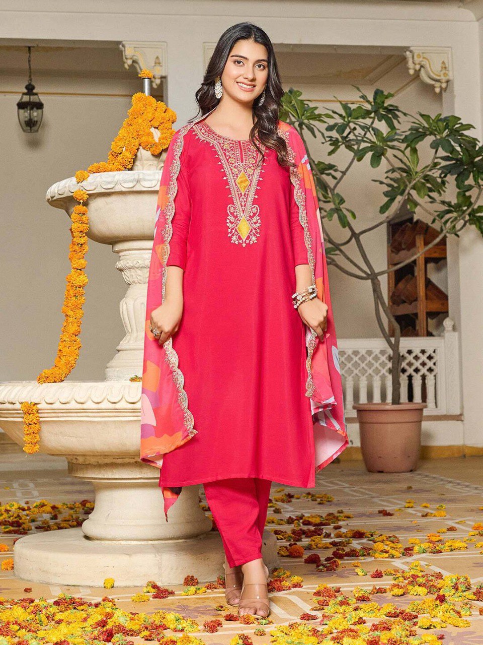 Blush Pink Embroidered Kurta Set with Vibrant Dupatta