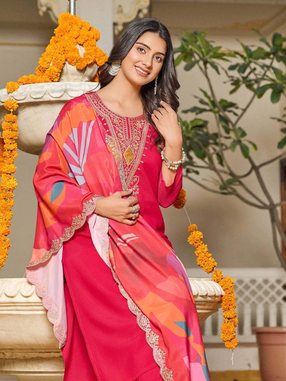 Blush Pink Embroidered Kurta Set with Vibrant Dupatta