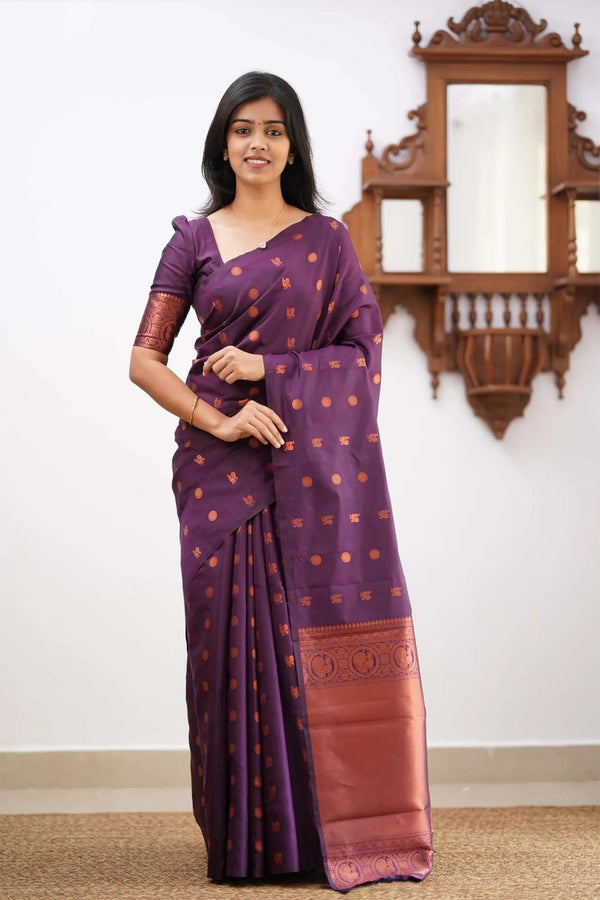 Royal Purple Kanjivaram Silk Saree with Copper Zari Border & Traditional Motifs