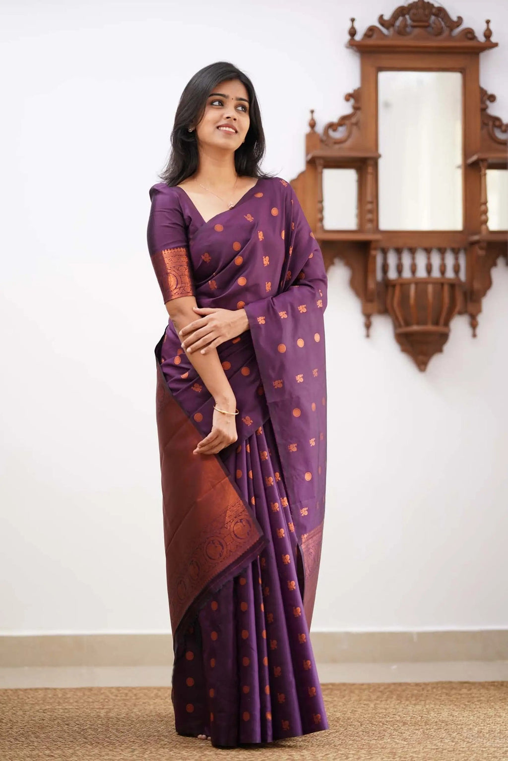 Royal Purple Kanjivaram Silk Saree with Copper Zari Border & Traditional Motifs