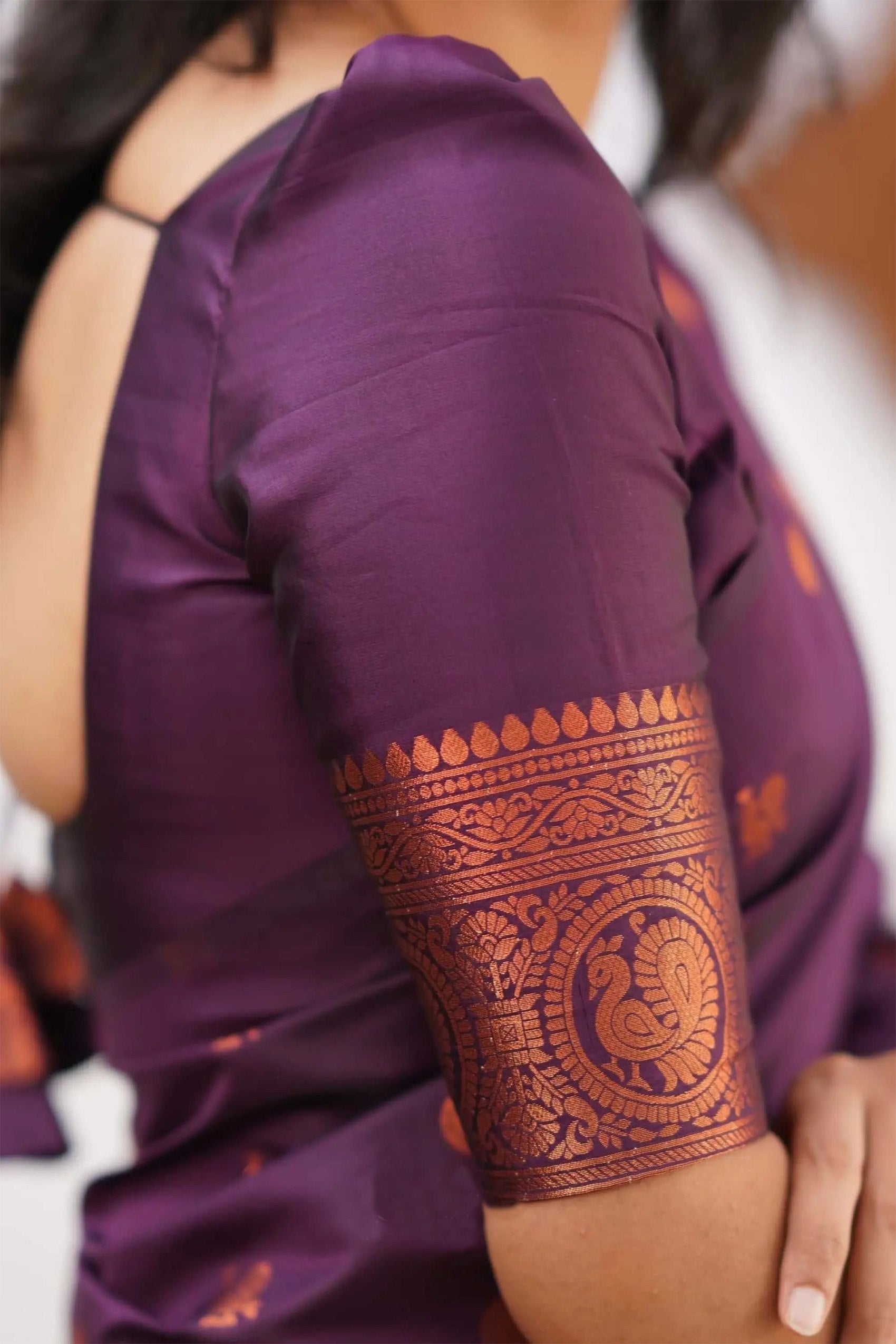 Royal Purple Kanjivaram Silk Saree with Copper Zari Border & Traditional Motifs