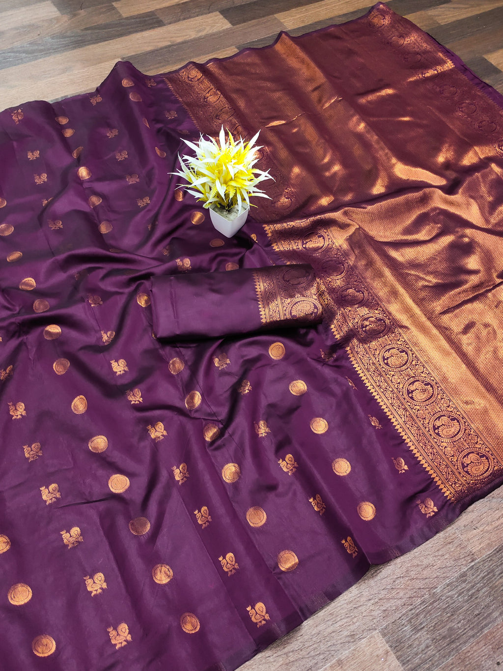 Royal Purple Kanjivaram Silk Saree with Copper Zari Border & Traditional Motifs