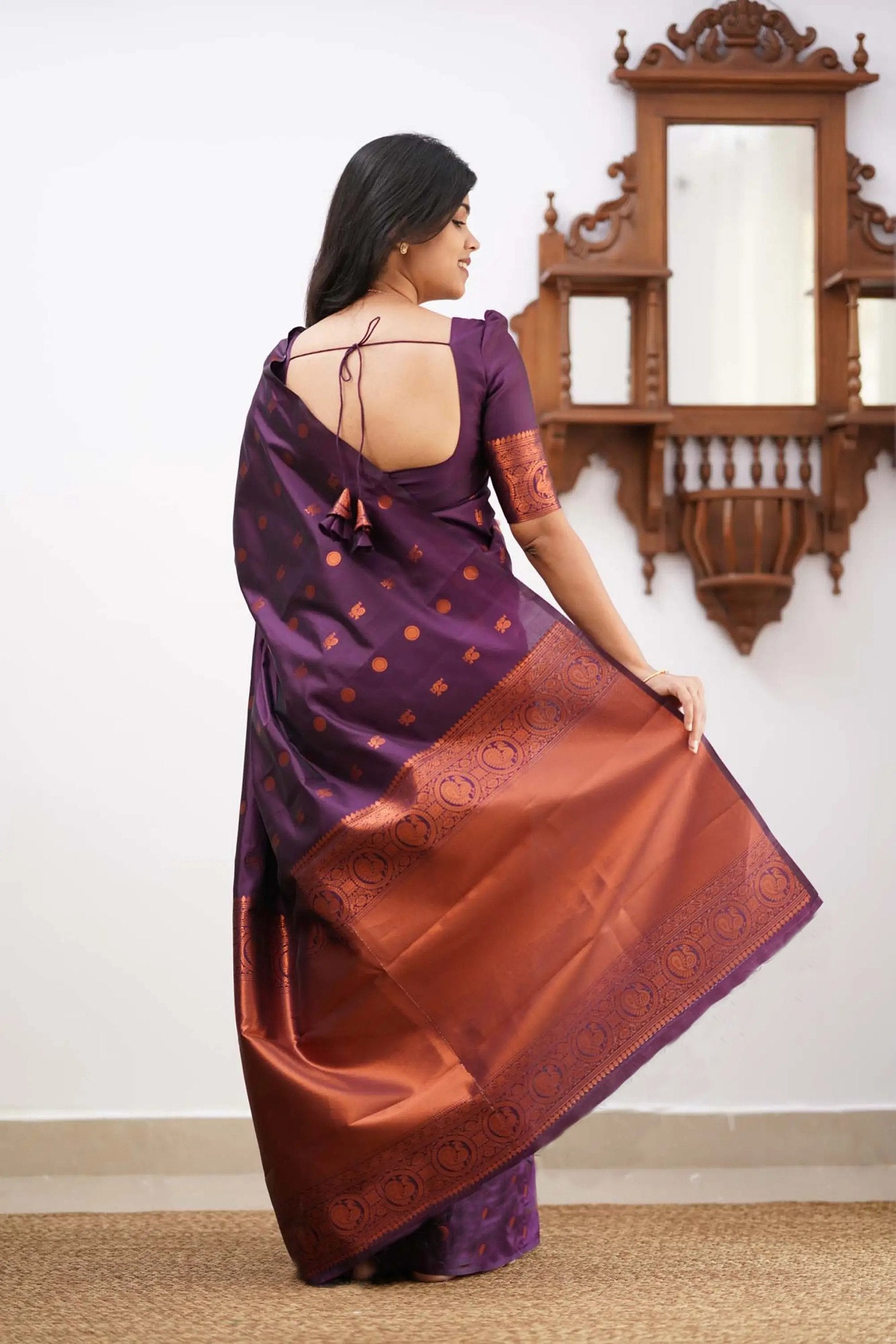 Royal Purple Kanjivaram Silk Saree with Copper Zari Border & Traditional Motifs