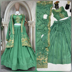 Emerald Green Silk Lehenga Choli with Golden Peacock Embroidery