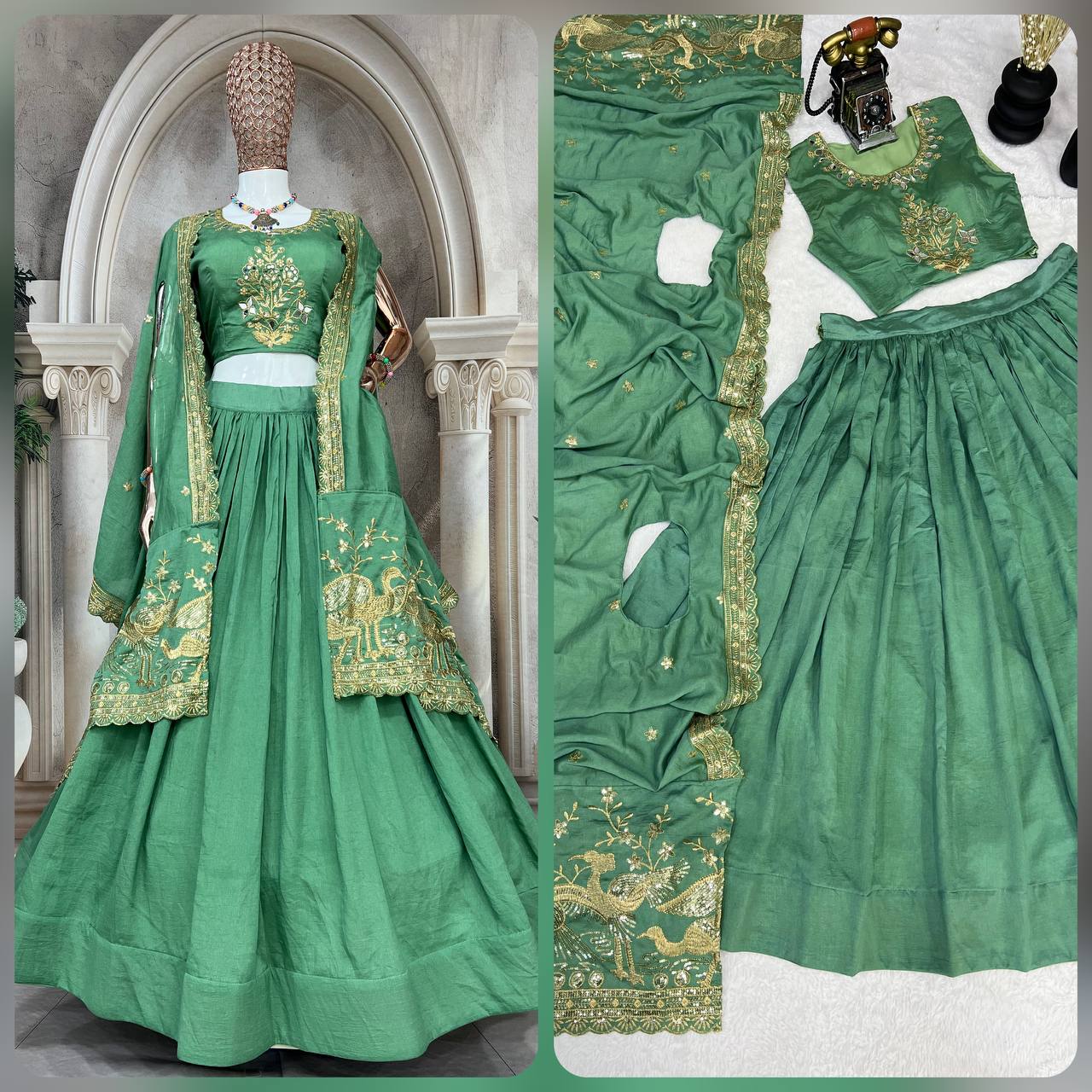 Emerald Green Silk Lehenga Choli with Golden Peacock Embroidery