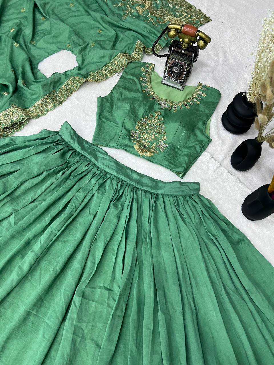 Emerald Green Silk Lehenga Choli with Golden Peacock Embroidery