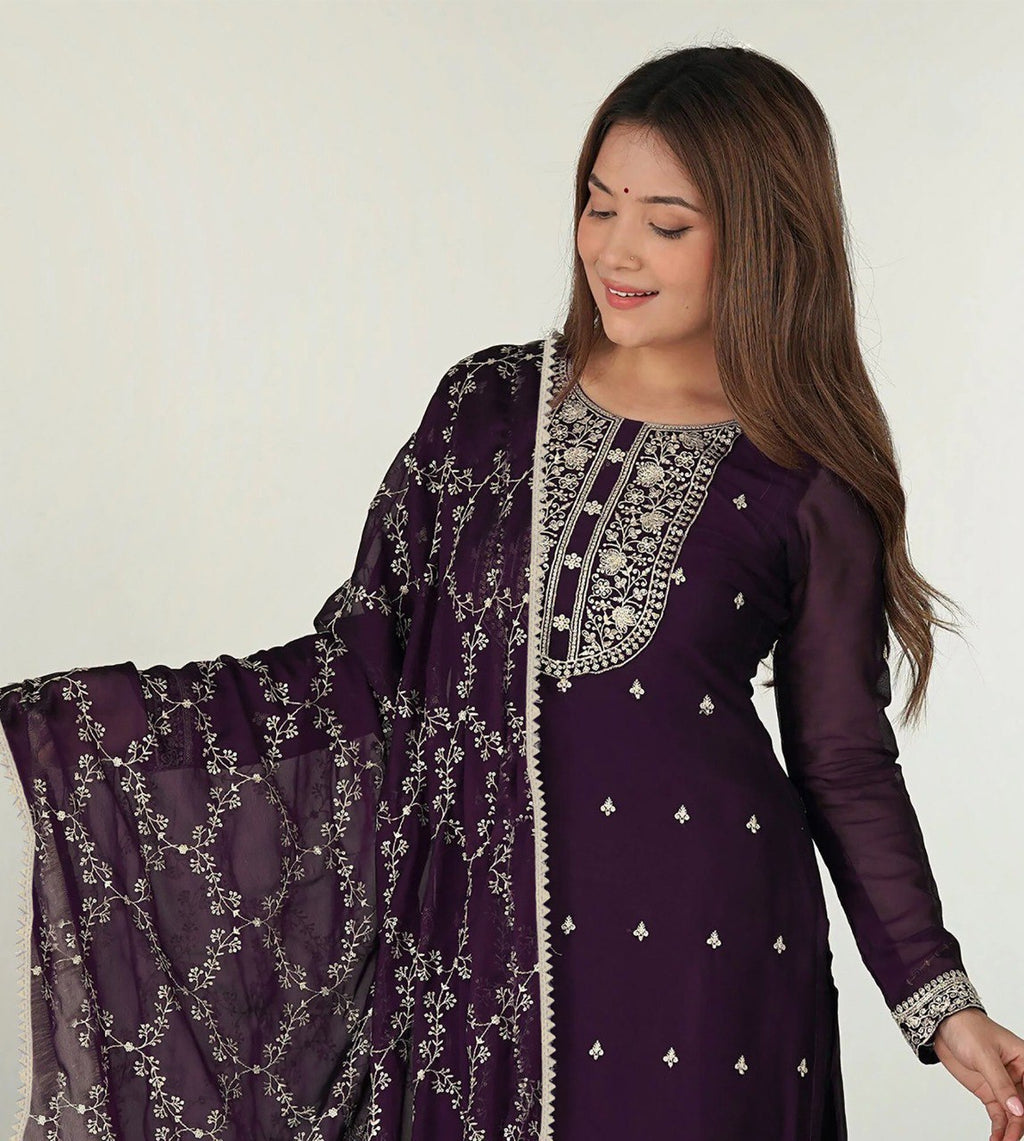 Ethereal Plum Glow Embroidered Ensemble Purple Heritage Kurta Pant Dupatta Set