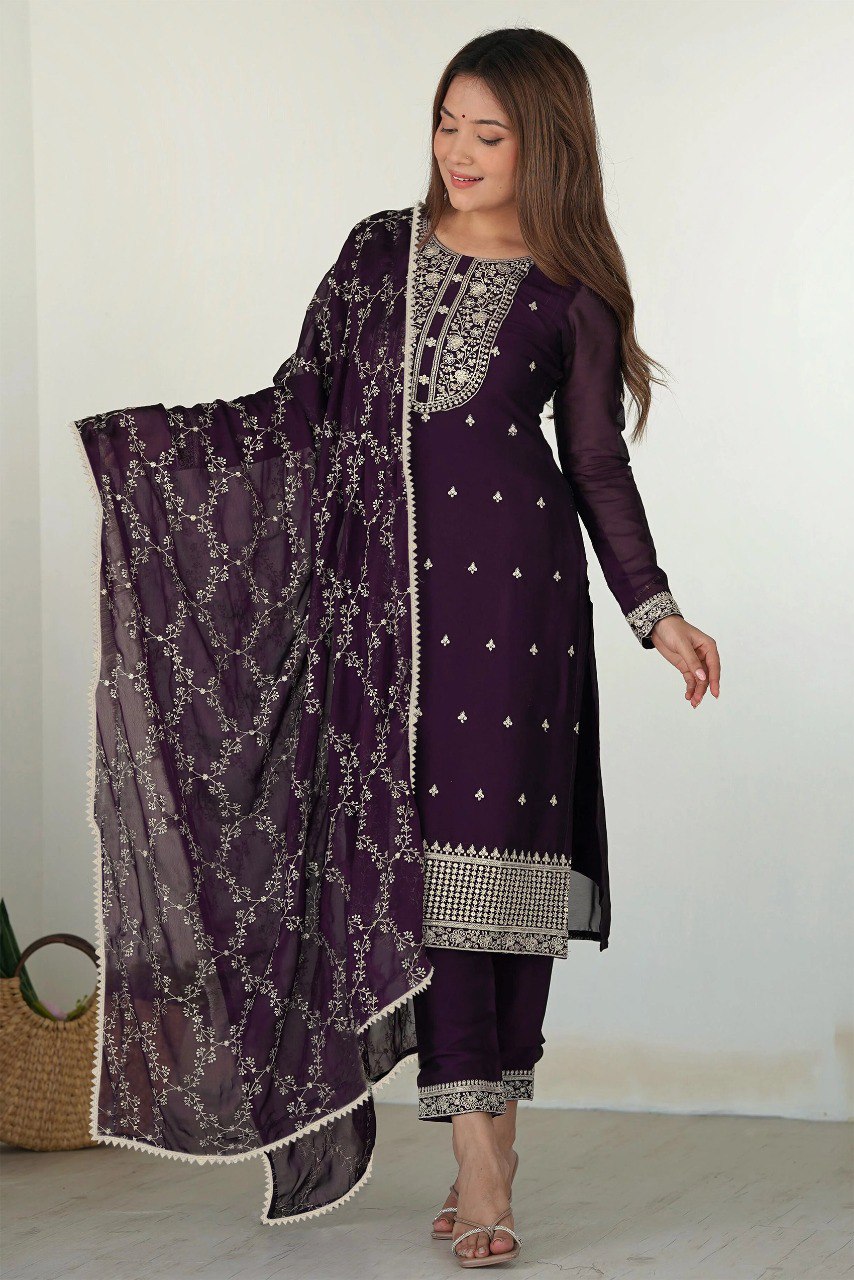 Ethereal Plum Glow Embroidered Ensemble Purple Heritage Kurta Pant Dupatta Set