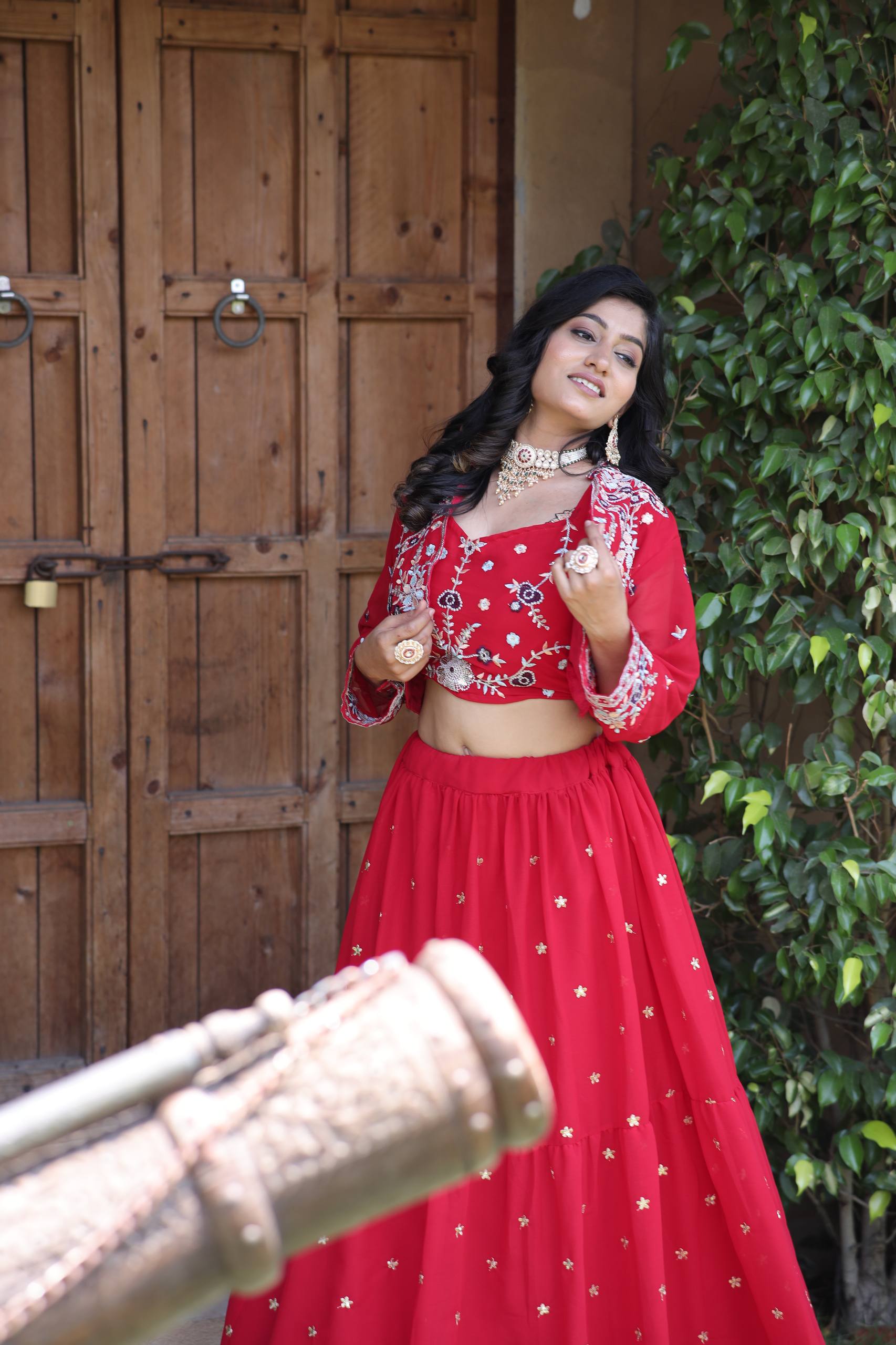 Charming Red Ethnic Lehenga with White Thread Embroidery