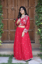 Charming Red Ethnic Lehenga with White Thread Embroidery