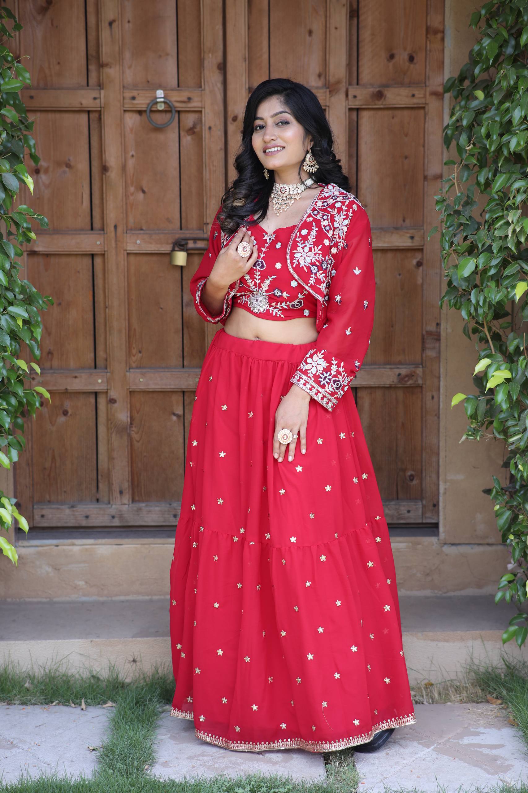 Charming Red Ethnic Lehenga with White Thread Embroidery