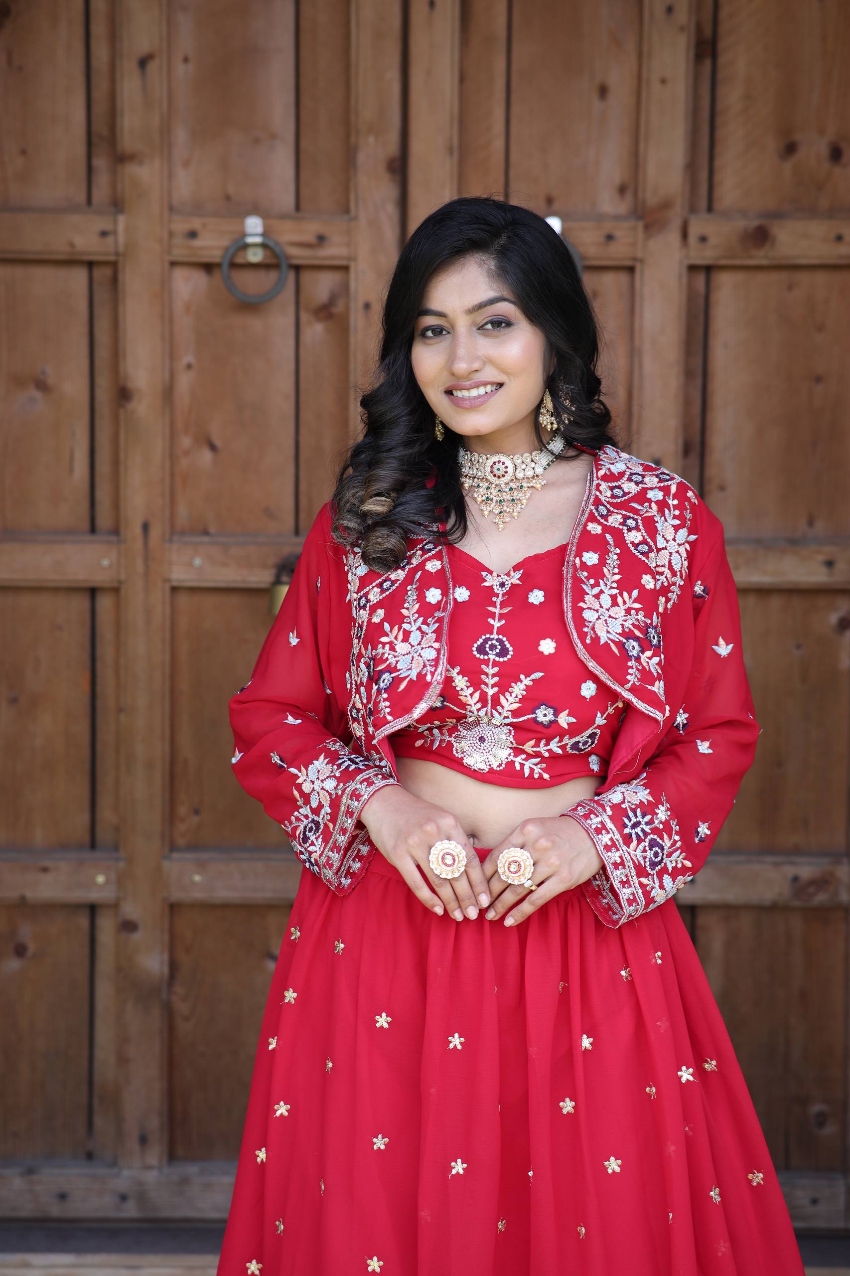 Charming Red Ethnic Lehenga with White Thread Embroidery