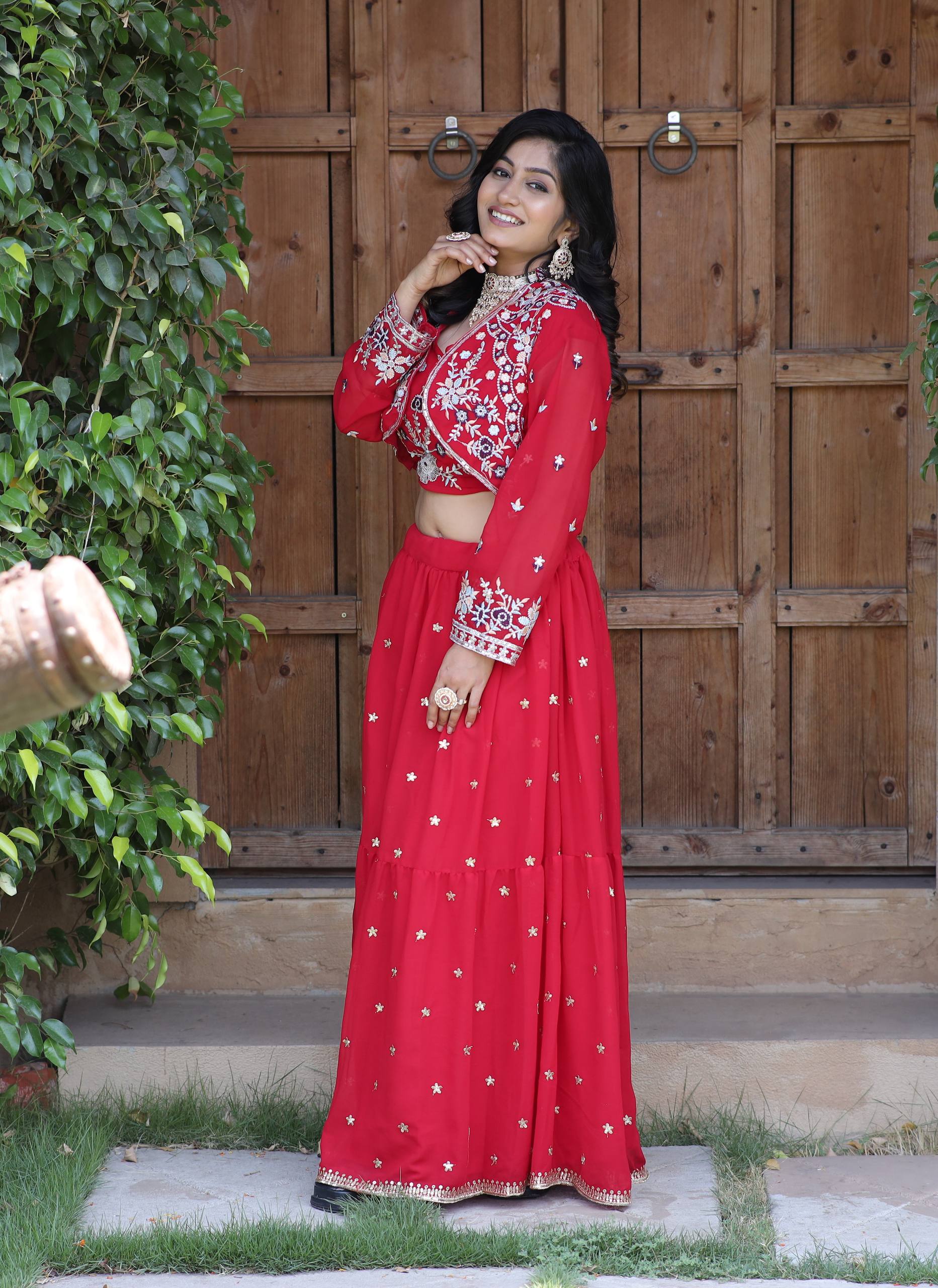 Charming Red Ethnic Lehenga with White Thread Embroidery