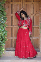 Charming Red Ethnic Lehenga with White Thread Embroidery