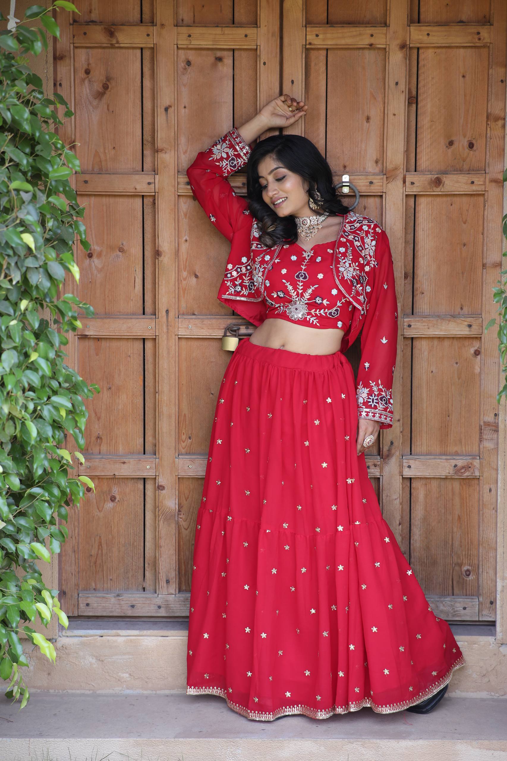 Charming Red Ethnic Lehenga with White Thread Embroidery