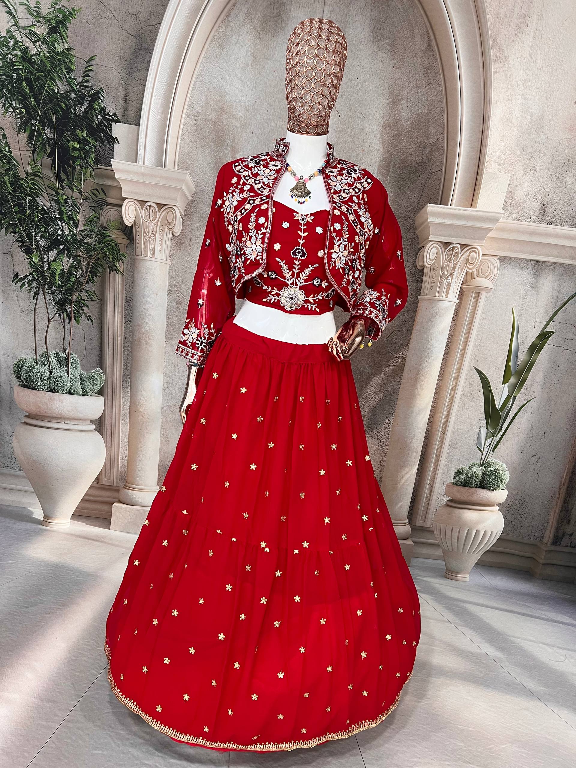 Charming Red Ethnic Lehenga with White Thread Embroidery