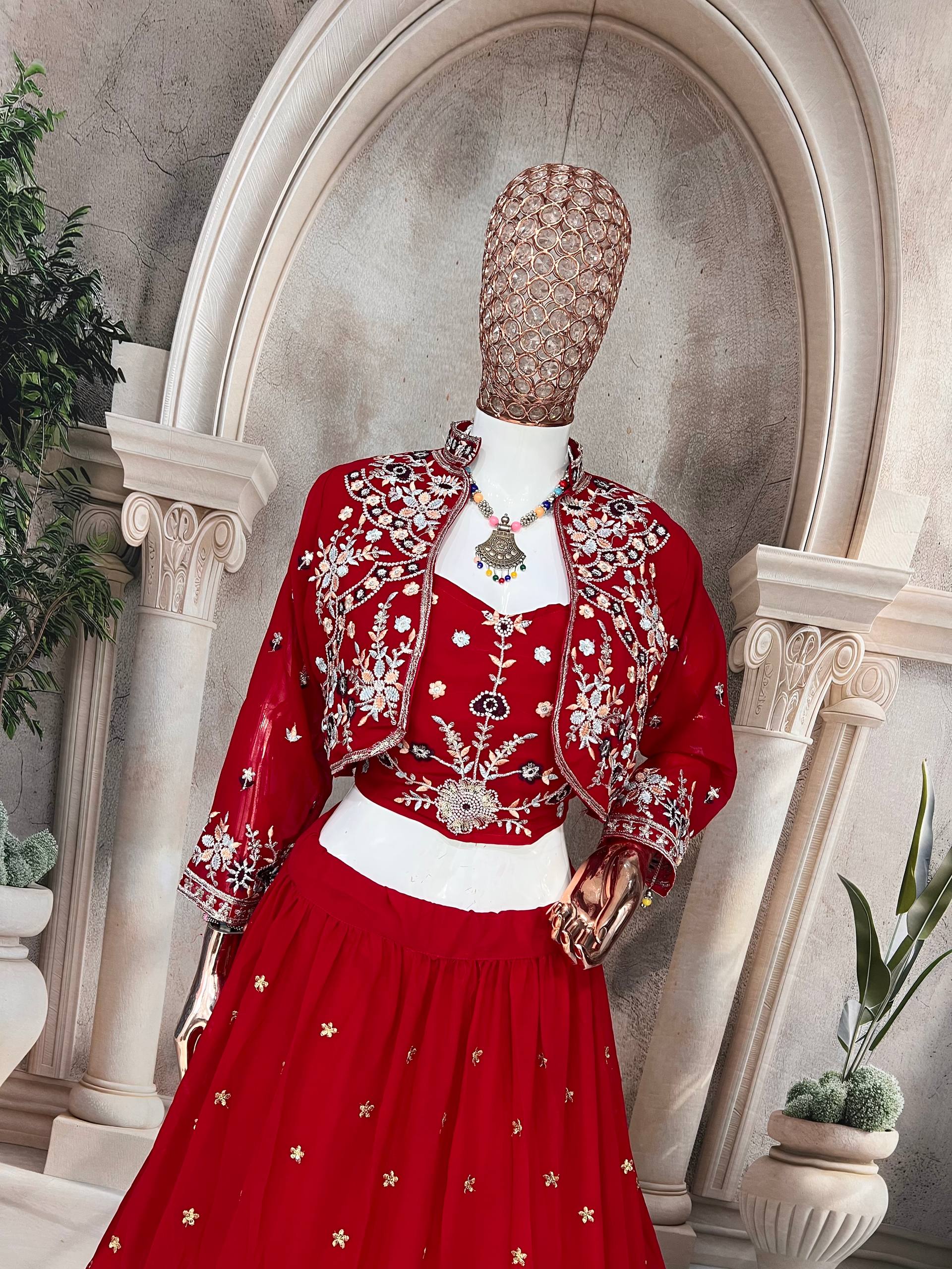 Charming Red Ethnic Lehenga with White Thread Embroidery