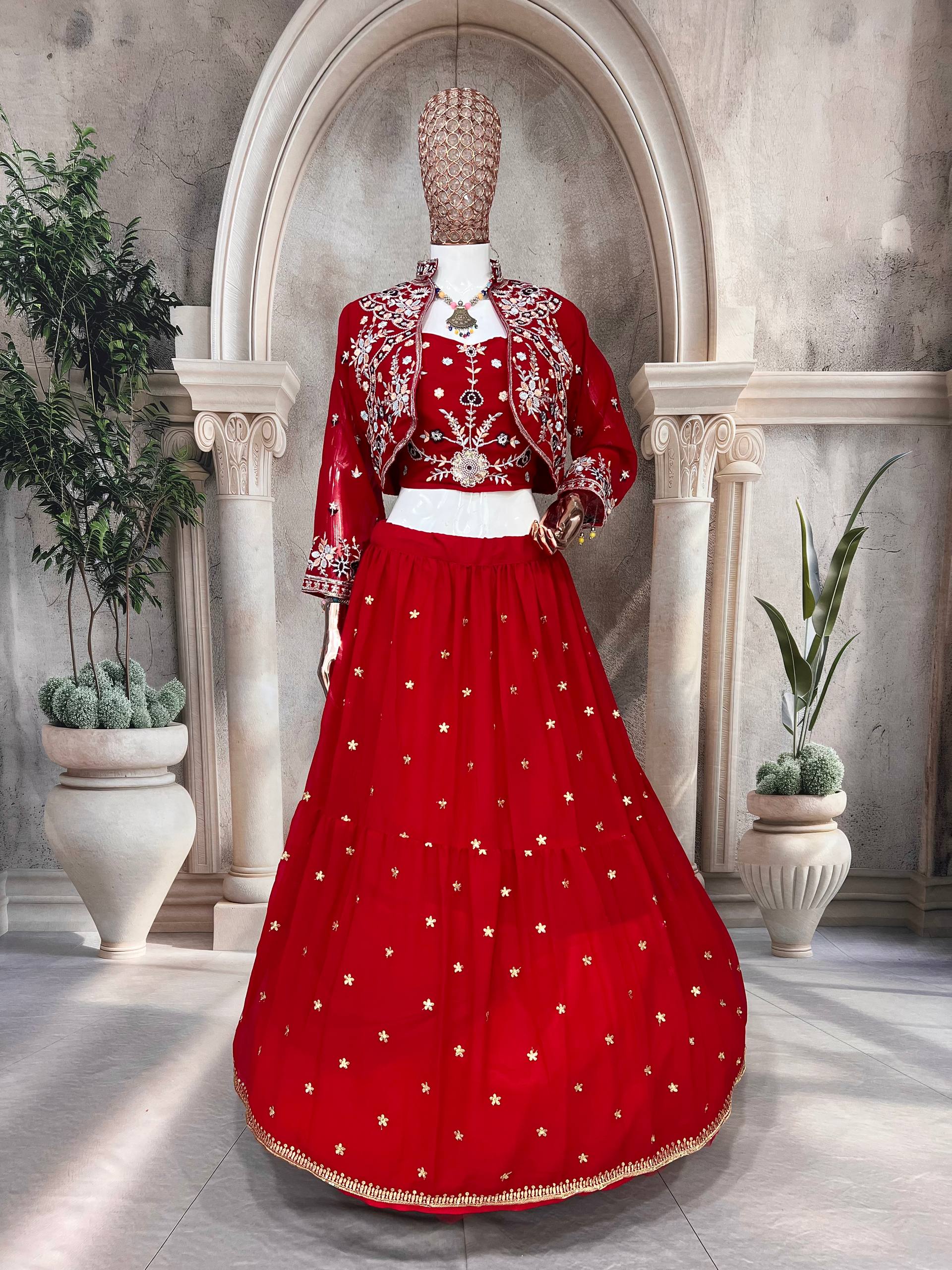 Charming Red Ethnic Lehenga with White Thread Embroidery