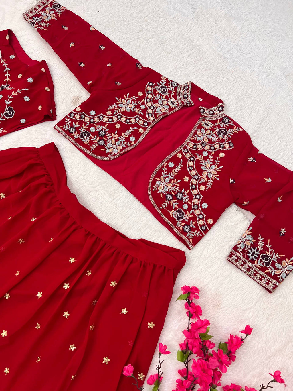 Charming Red Ethnic Lehenga with White Thread Embroidery