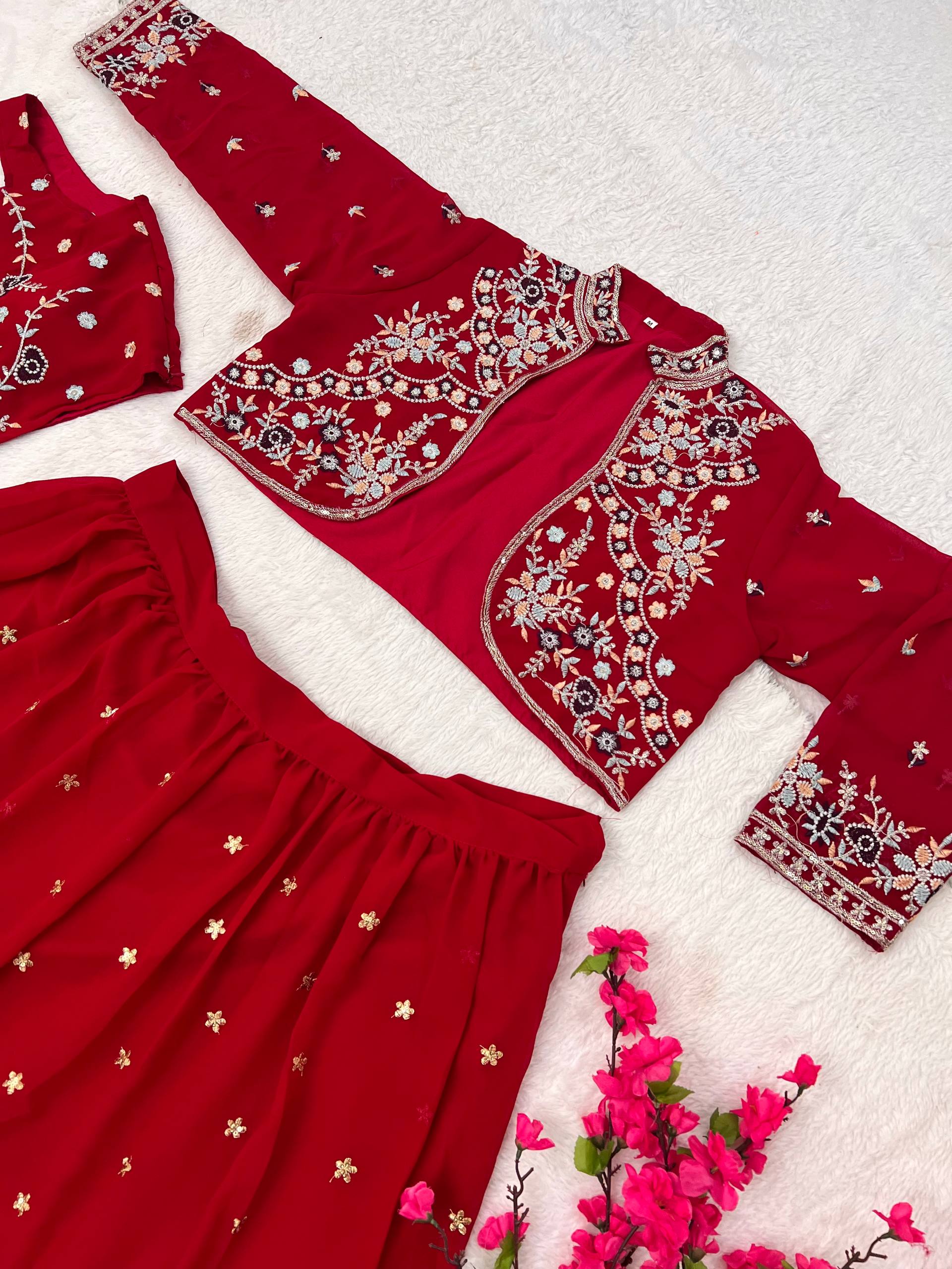 Charming Red Ethnic Lehenga with White Thread Embroidery