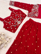 Charming Red Ethnic Lehenga with White Thread Embroidery