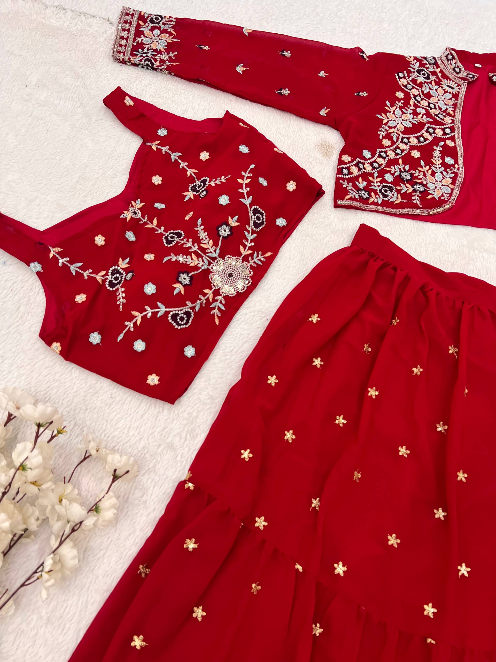 Charming Red Ethnic Lehenga with White Thread Embroidery