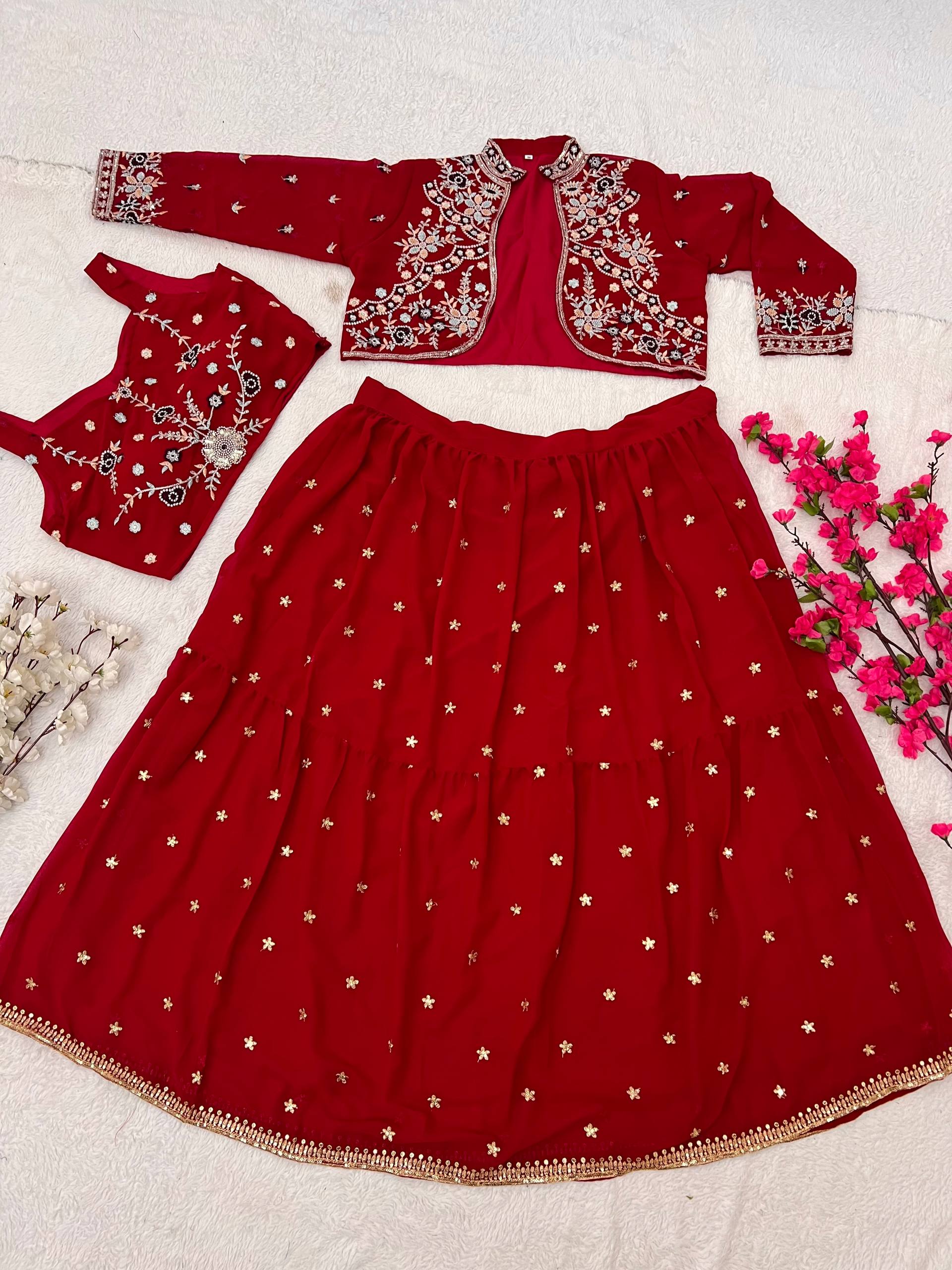 Charming Red Ethnic Lehenga with White Thread Embroidery