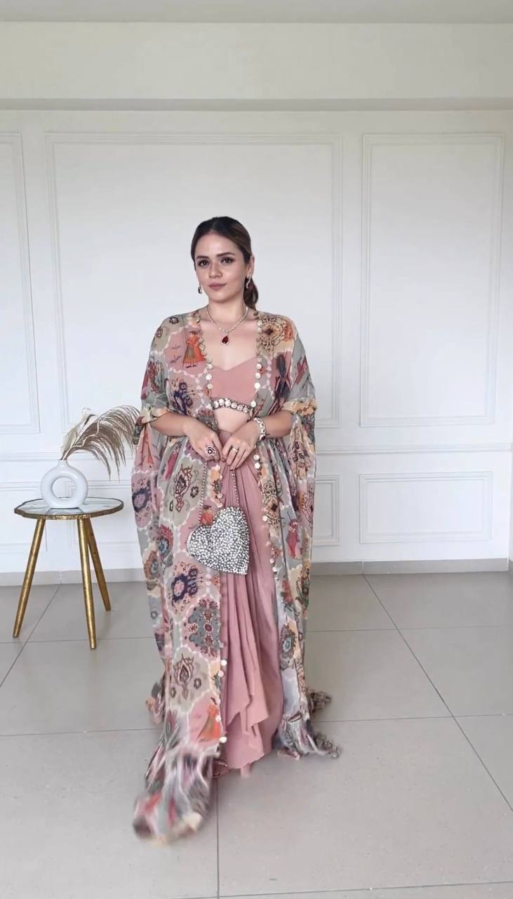 DESIGNER FANCY WESTERN STYLE FIONA SILK PRINTED AND COIN LACE WORK KOTI, CHOLI WITH WESTERN BOTTOM
