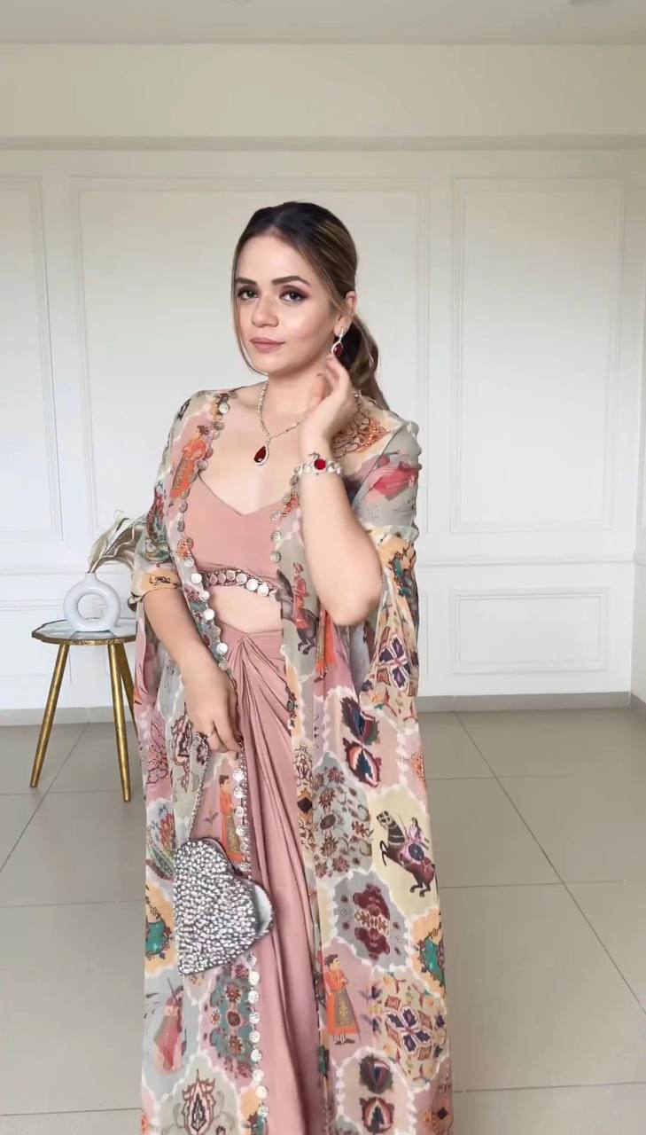DESIGNER FANCY WESTERN STYLE FIONA SILK PRINTED AND COIN LACE WORK KOTI, CHOLI WITH WESTERN BOTTOM