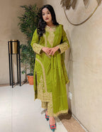 Majestic Olive Green Outfit with Intricate Embroidery