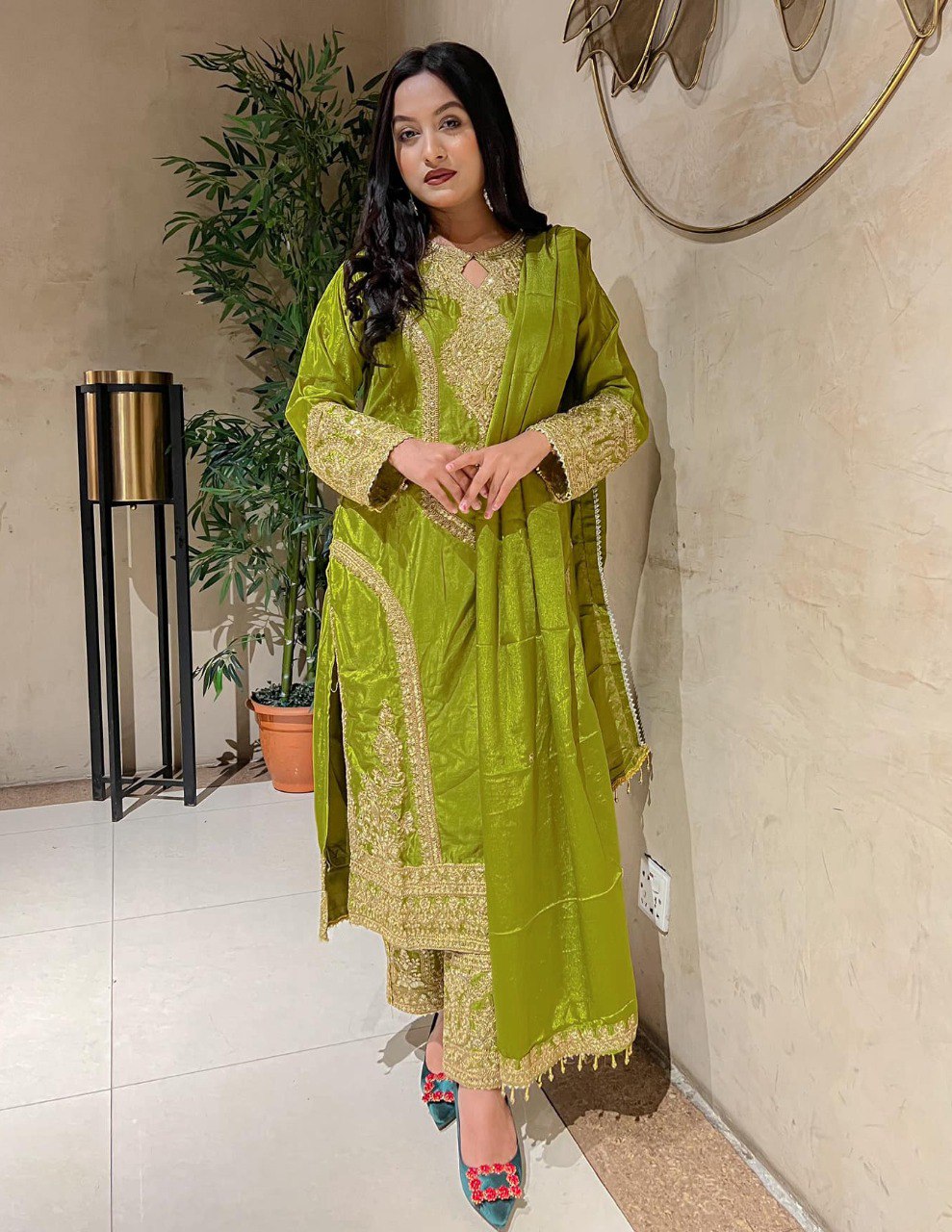 Majestic Olive Green Outfit with Intricate Embroidery