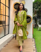 Majestic Olive Green Outfit with Intricate Embroidery