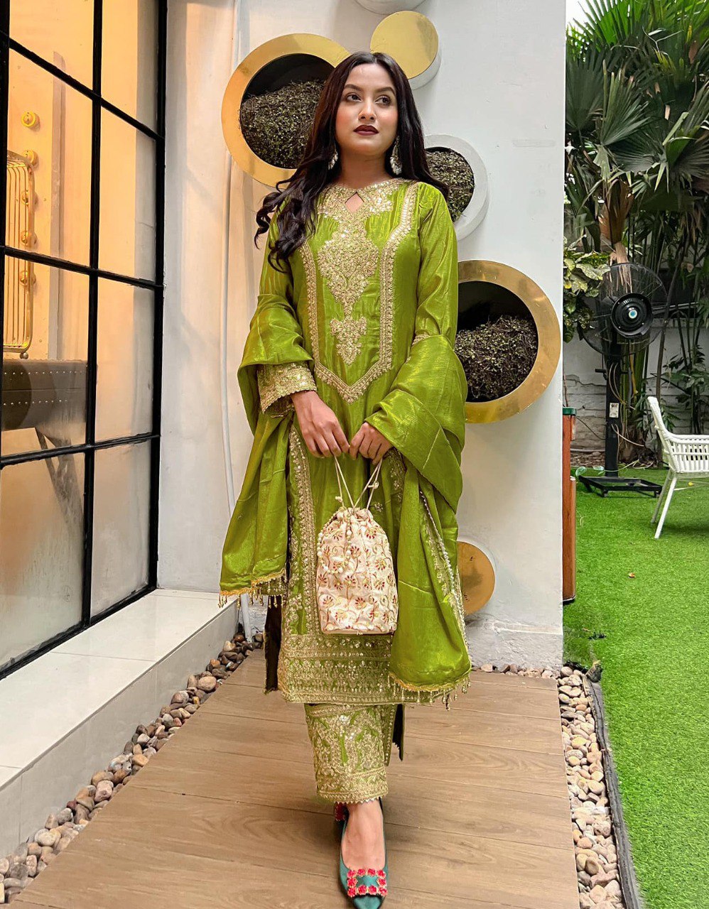 Majestic Olive Green Outfit with Intricate Embroidery
