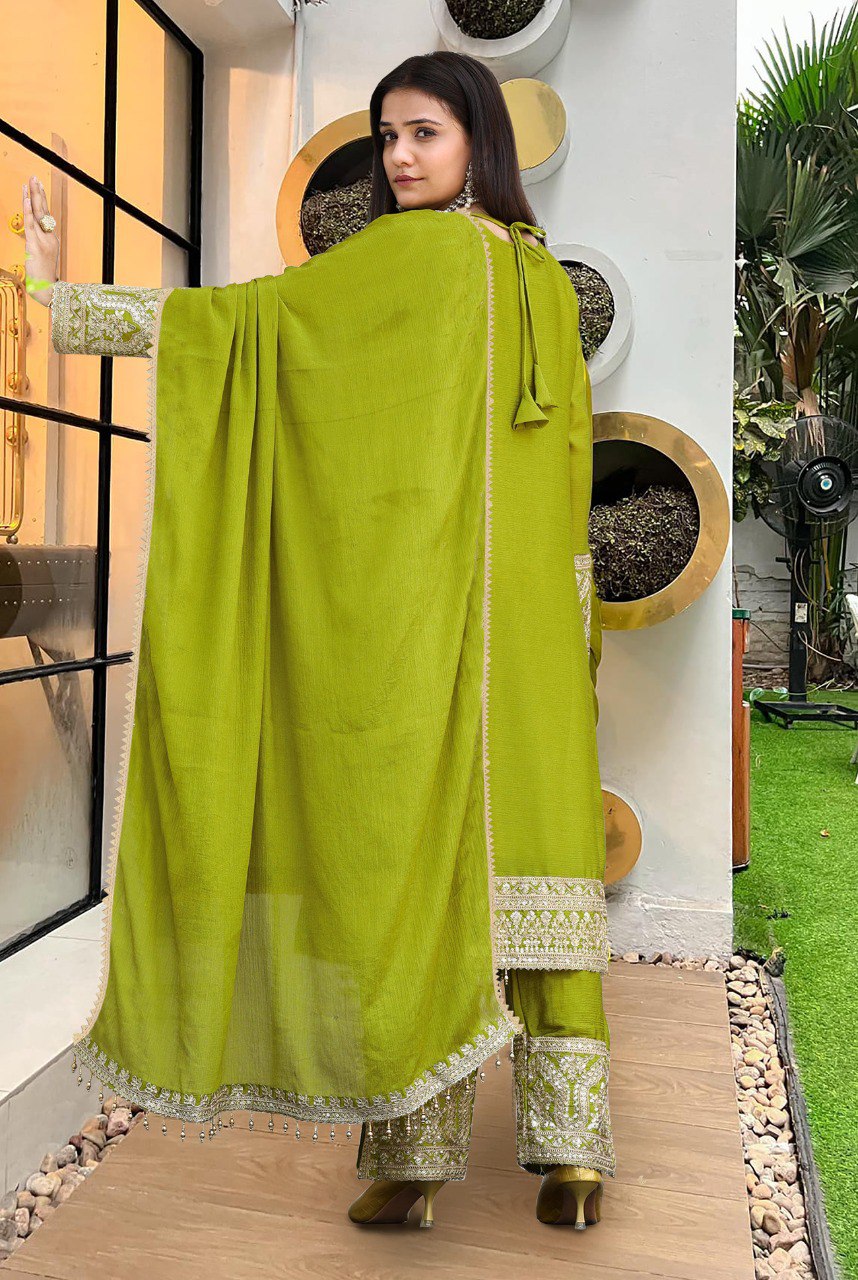Majestic Olive Green Outfit with Intricate Embroidery