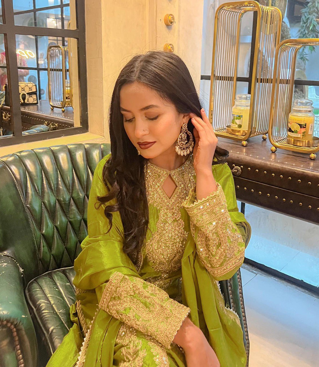 Majestic Olive Green Outfit with Intricate Embroidery