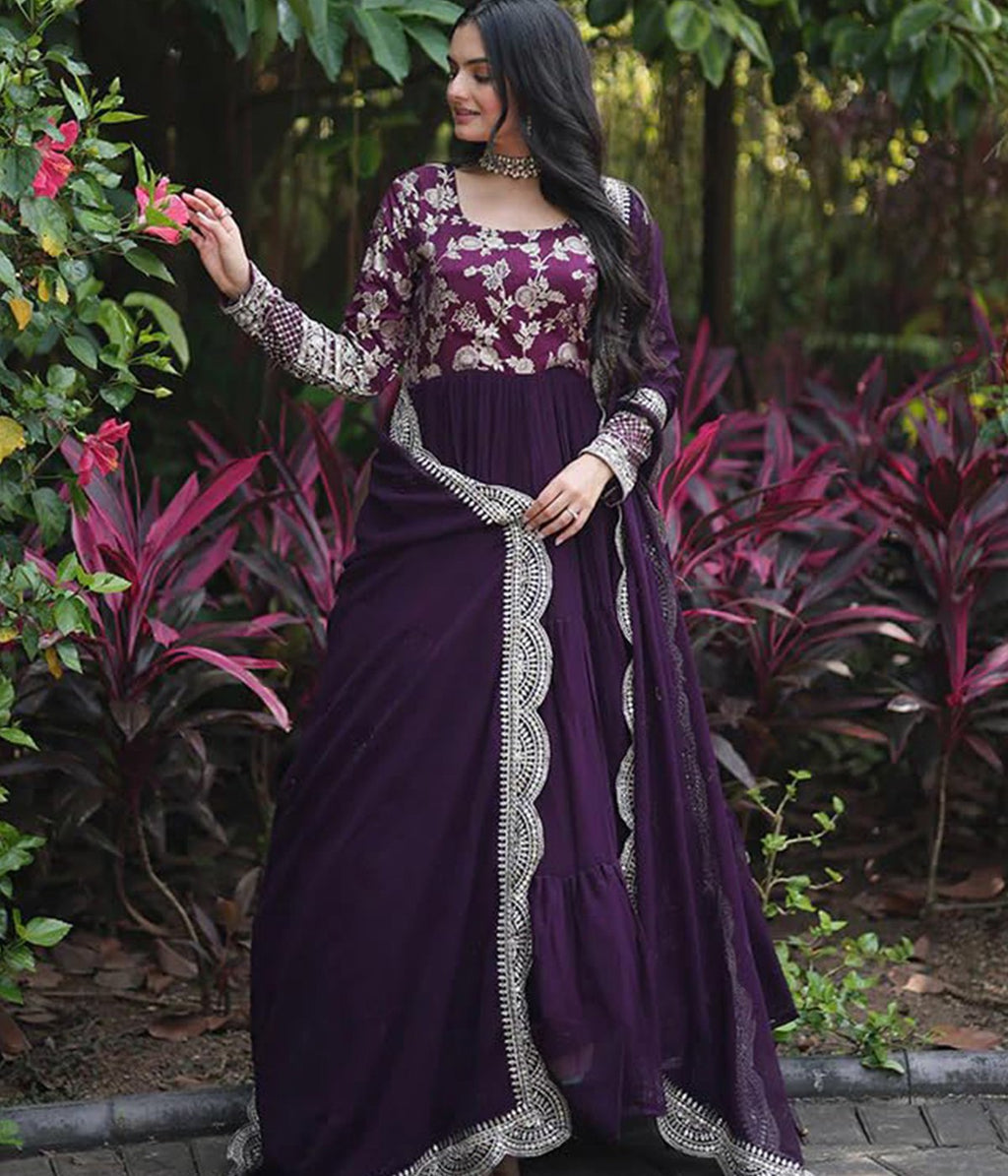 Elegant Purple Anarkali Suit with Embroidered Bodice & Dupatta