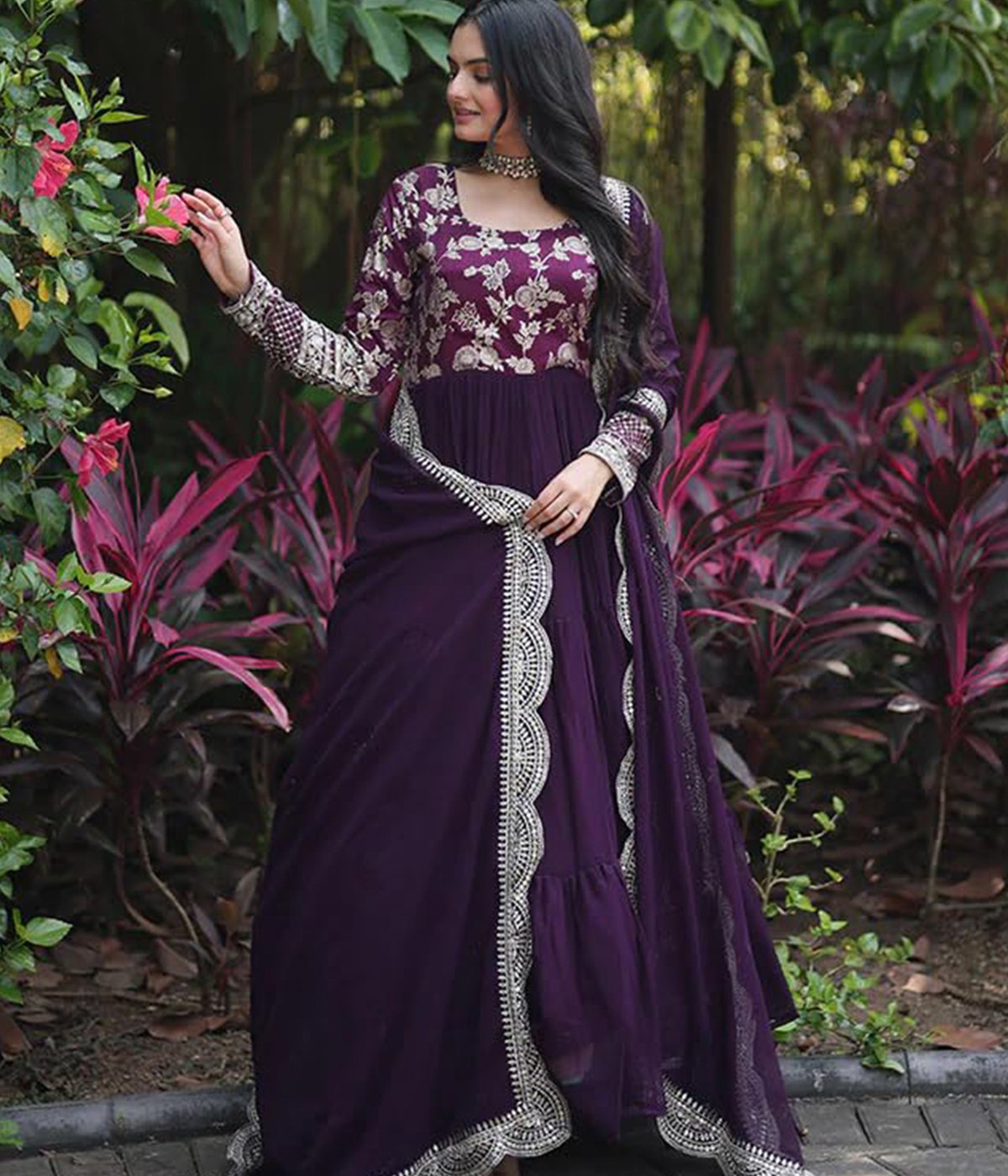 Elegant Purple Anarkali Suit with Embroidered Bodice & Dupatta