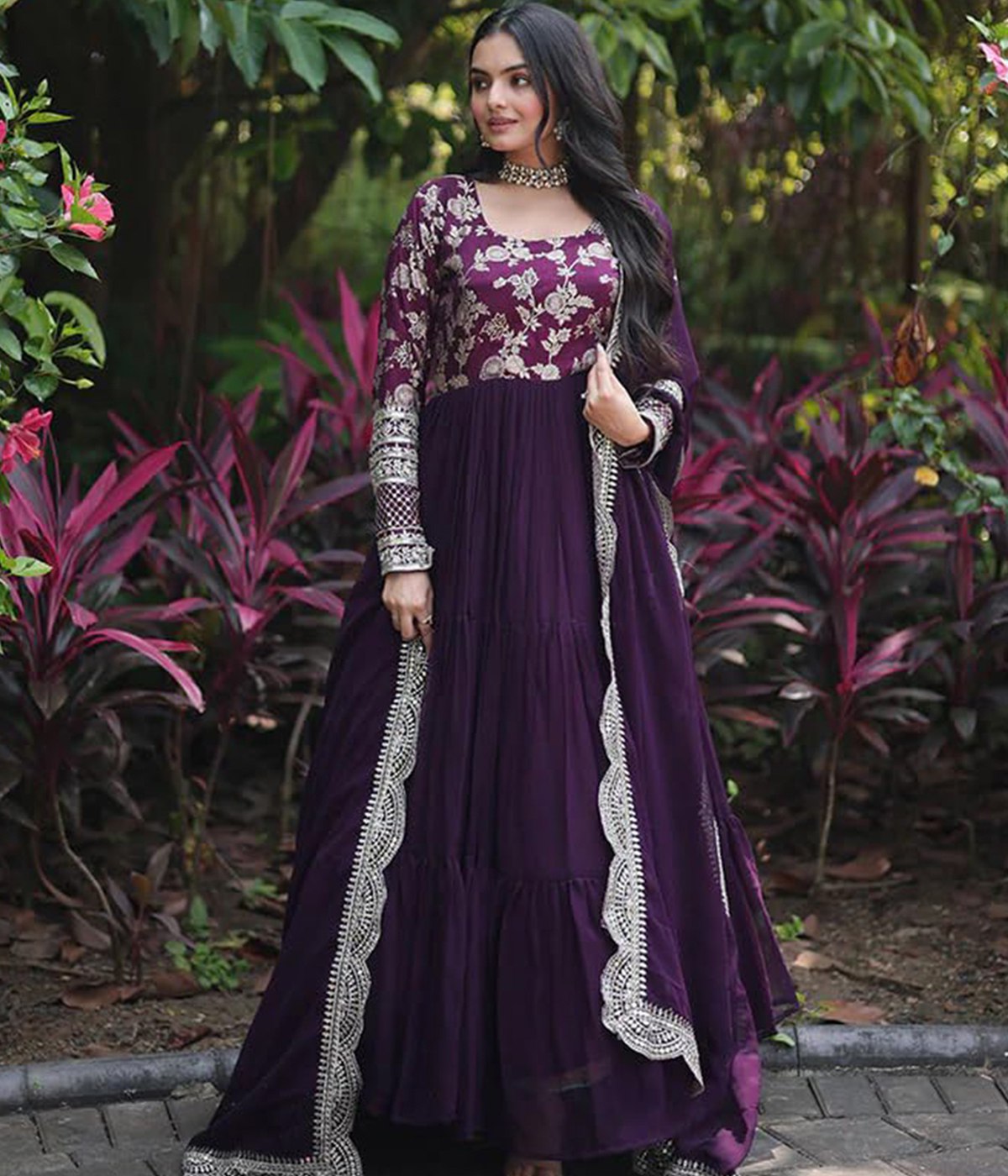 Elegant Purple Anarkali Suit with Embroidered Bodice & Dupatta
