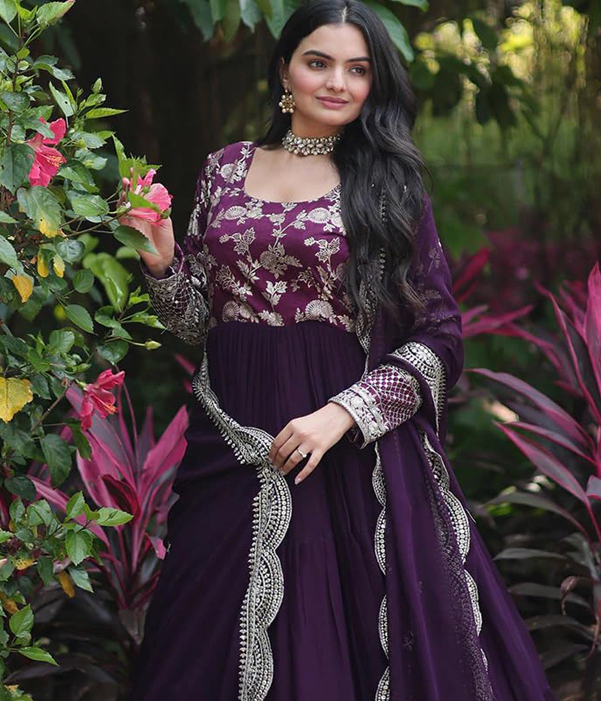 Elegant Purple Anarkali Suit with Embroidered Bodice & Dupatta