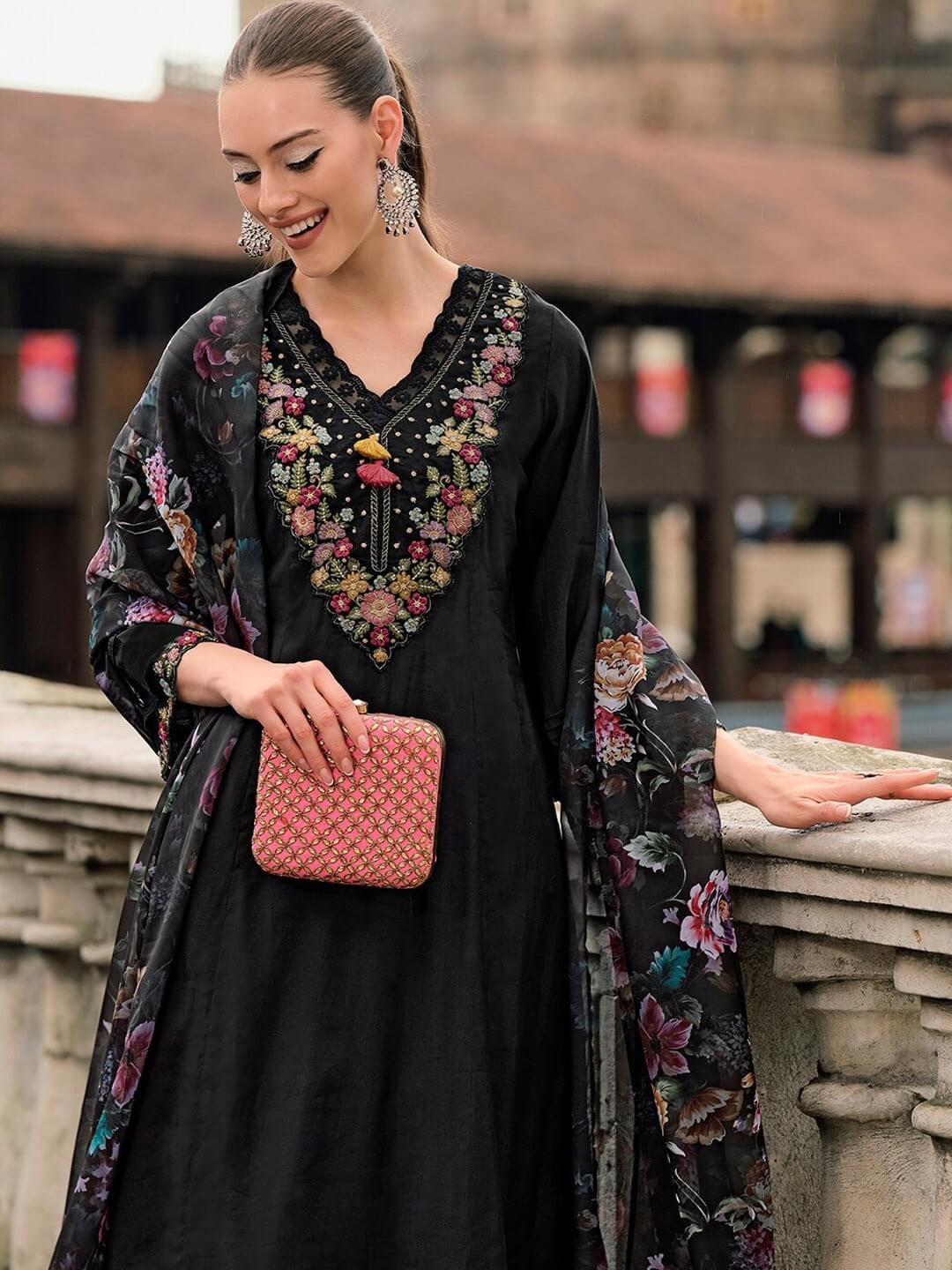 Eternal Grace – Black Kurta with Floral Dupatta