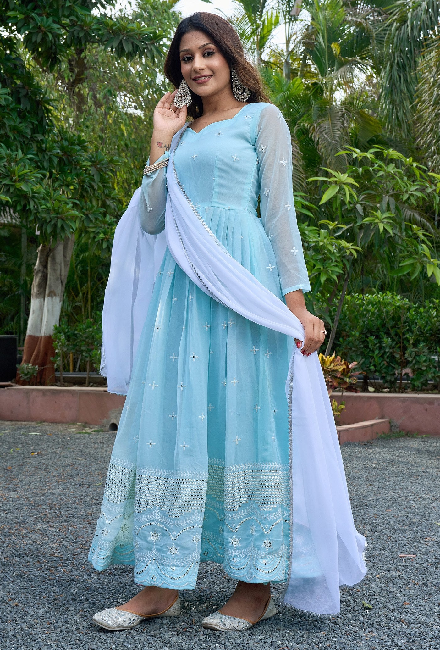Luxury Ethnic Sky Blue Anarkali Dress with Dupatta