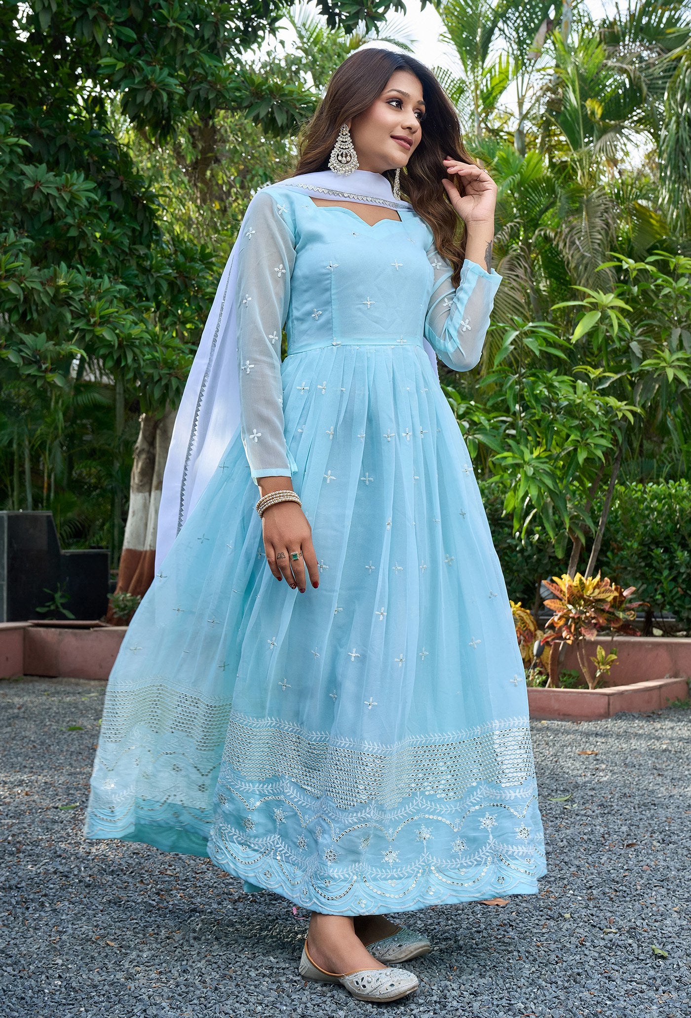Luxury Ethnic Sky Blue Anarkali Dress with Dupatta